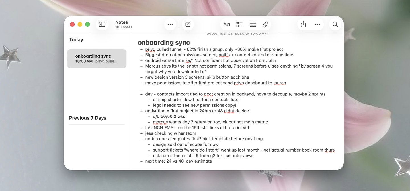 Raw meeting notes typed in shorthand in Apple Notes