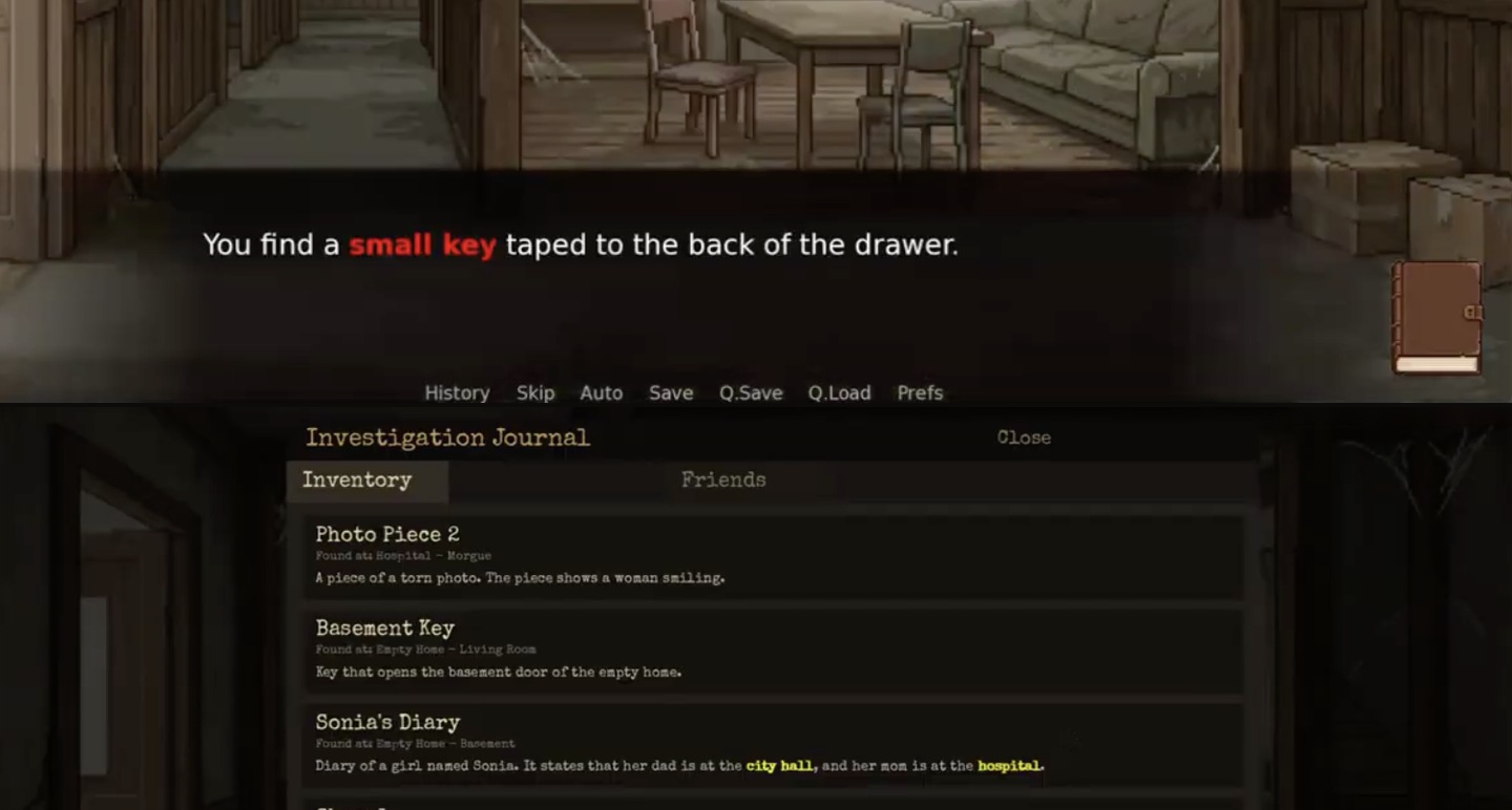 An item pickup shown in red bold dialogue, and the investigation journal listing collected clues with location hints in yellow