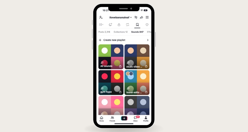 The redesigned Sounds tab showing saved sounds grouped into named playlists