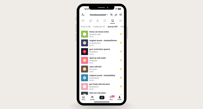 The current TikTok Sounds tab showing one long chronological list of saved sounds
